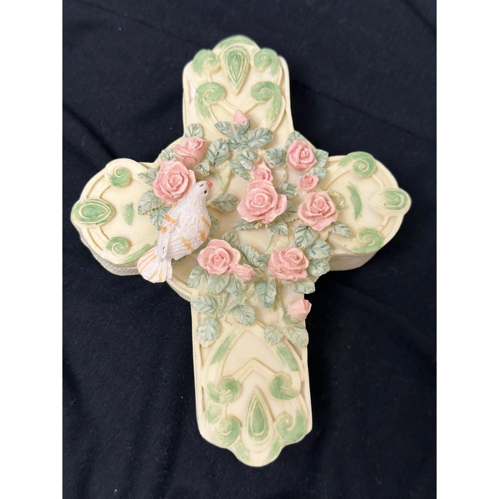 Unbranded Cross Trinket Box Cream Pink Roses Dove Resin Decorative Keepsake